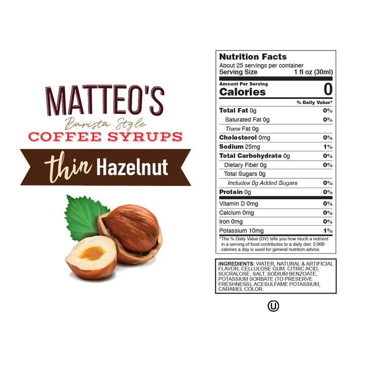 Nutrition facts of Sugar Free Coffee Syrup, Hazelnut