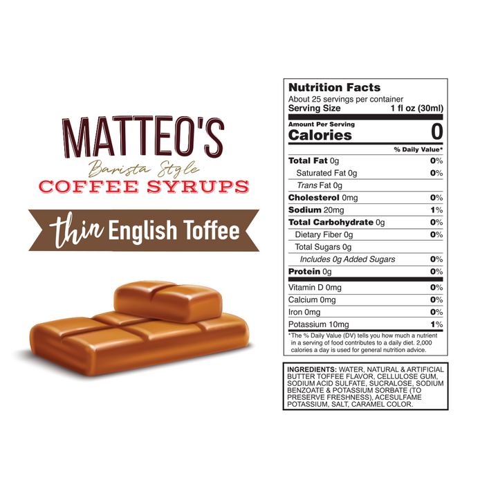 Nutrition facts of Sugar Free Coffee Syrup, English Toffee