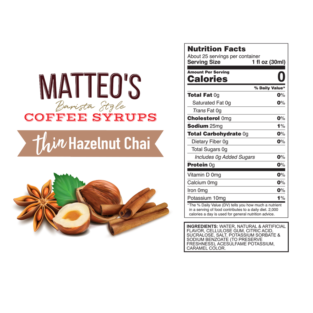 Nutrition facts of Sugar Free Coffee Syrup, Hazelnut Chai