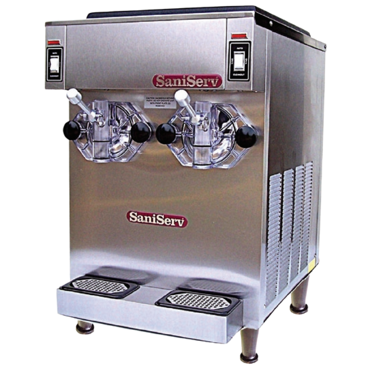 Stainless steel shake machine with 'SaniServ' branding on a white background