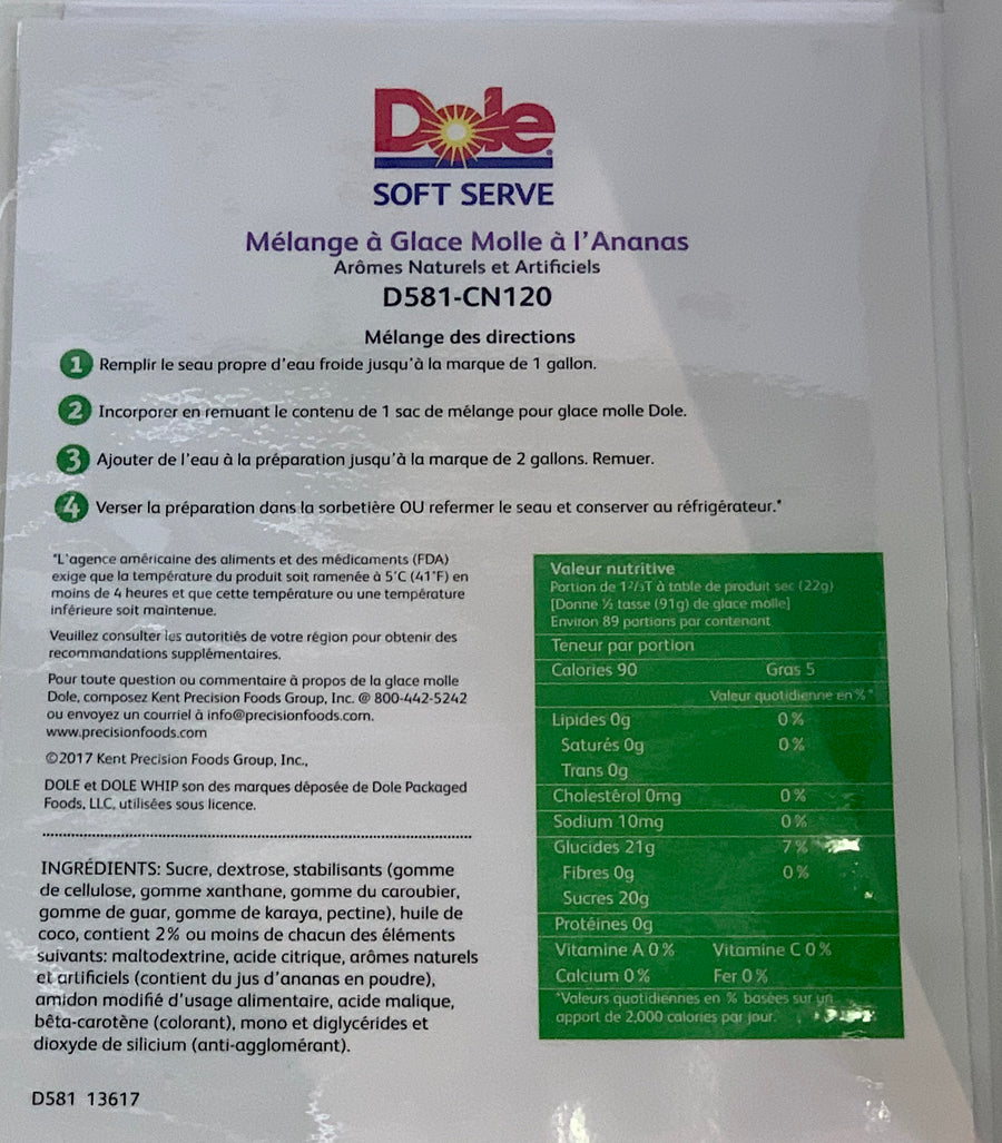 Dole Pineapple Soft Serve Mix 4.4 Lbs. Bag Case (4 X 4.4lb Bags) Fun Foods Canada