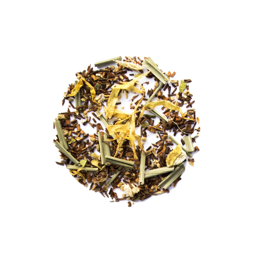 Leaves of Pyramid Tea Bags - Lemon Ginger Rooibos Herbal Tea - Genuine Tea Company - Toronto - Canada