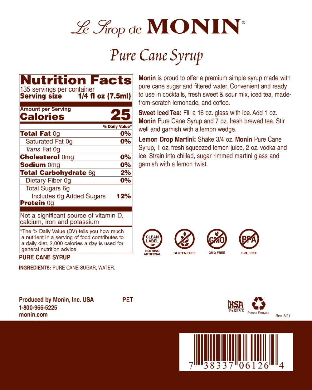 Pure Cane - Monin - Premium Syrups and Flavourings
