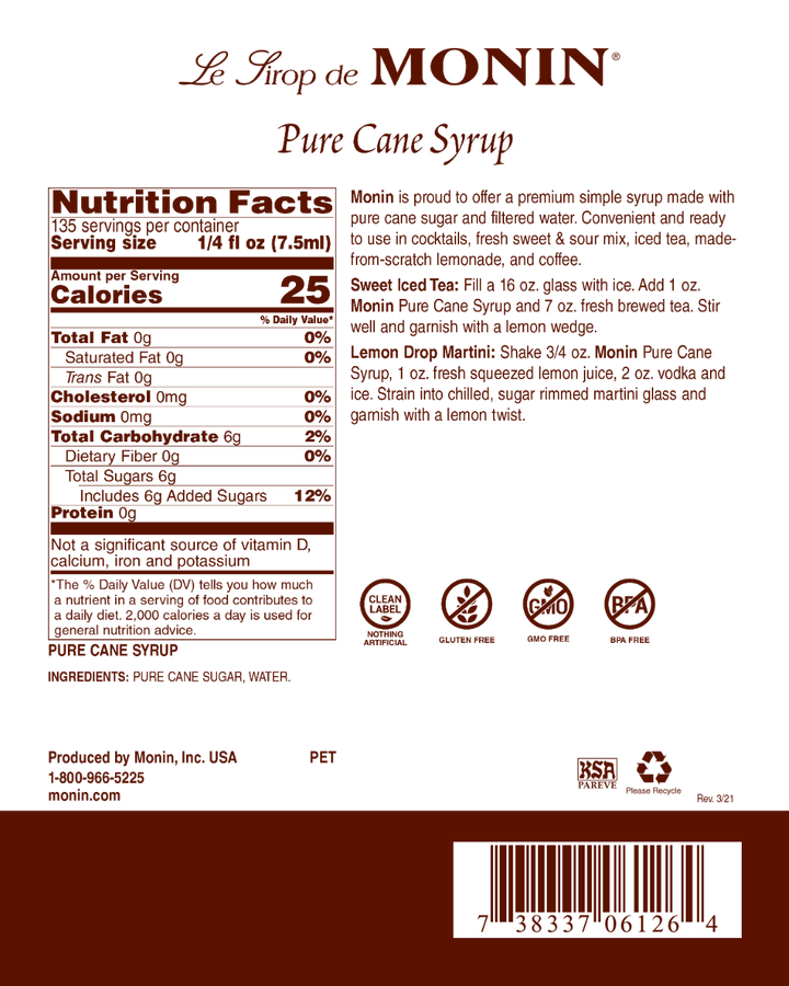 Pure Cane - Monin - Premium Syrups and Flavourings