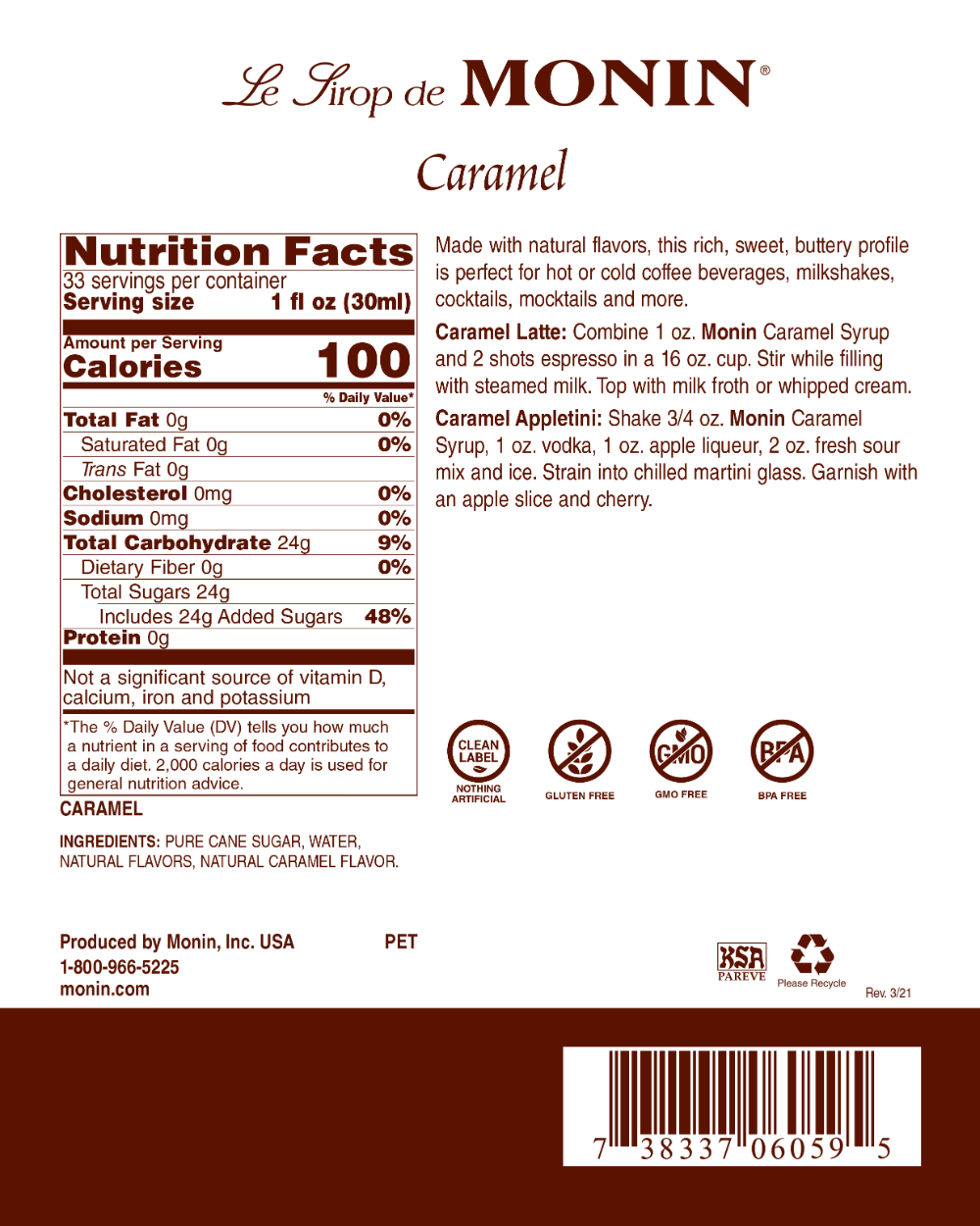 Caramel - Monin - Sirops et Arômes Premium - 4 x 1 L par caisse