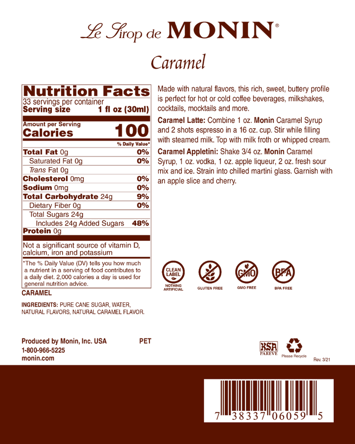 Caramel - Monin - Sirops et Arômes Premium - 4 x 1 L par caisse