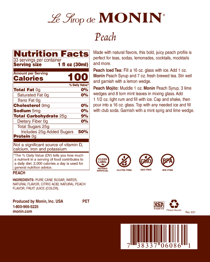 Peach - Monin - Premium Syrups and Flavourings - Nutritional Info