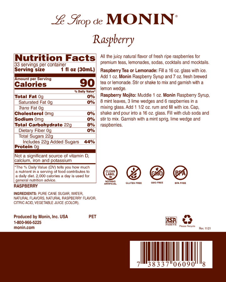 Raspberry - Monin - Premium Syrups and Flavourings - Canada