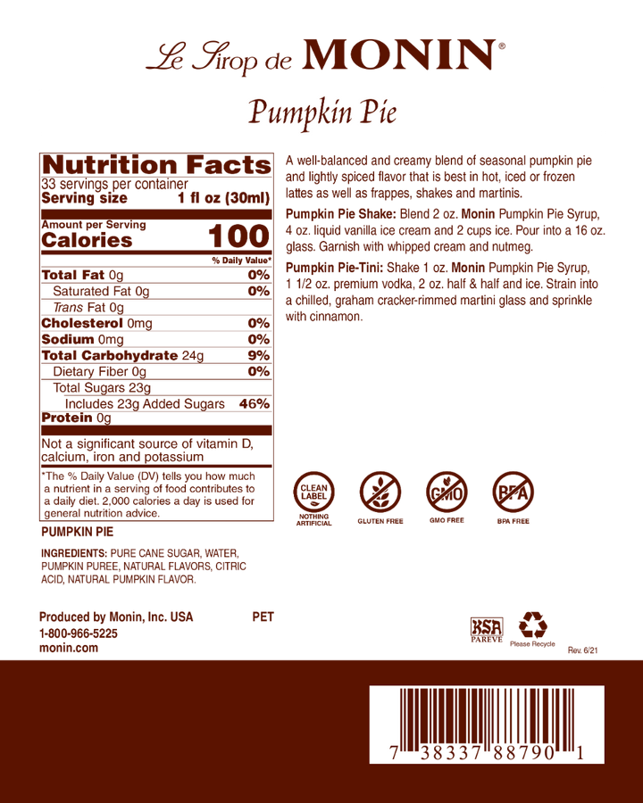 Pumpkin Pie - Monin - Premium Syrups and Flavourings