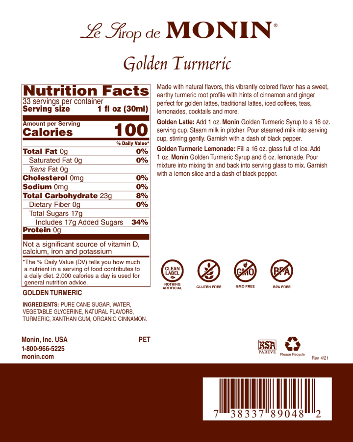 Golden Turmeric - Monin - Premium Syrups and Flavourings - Canada