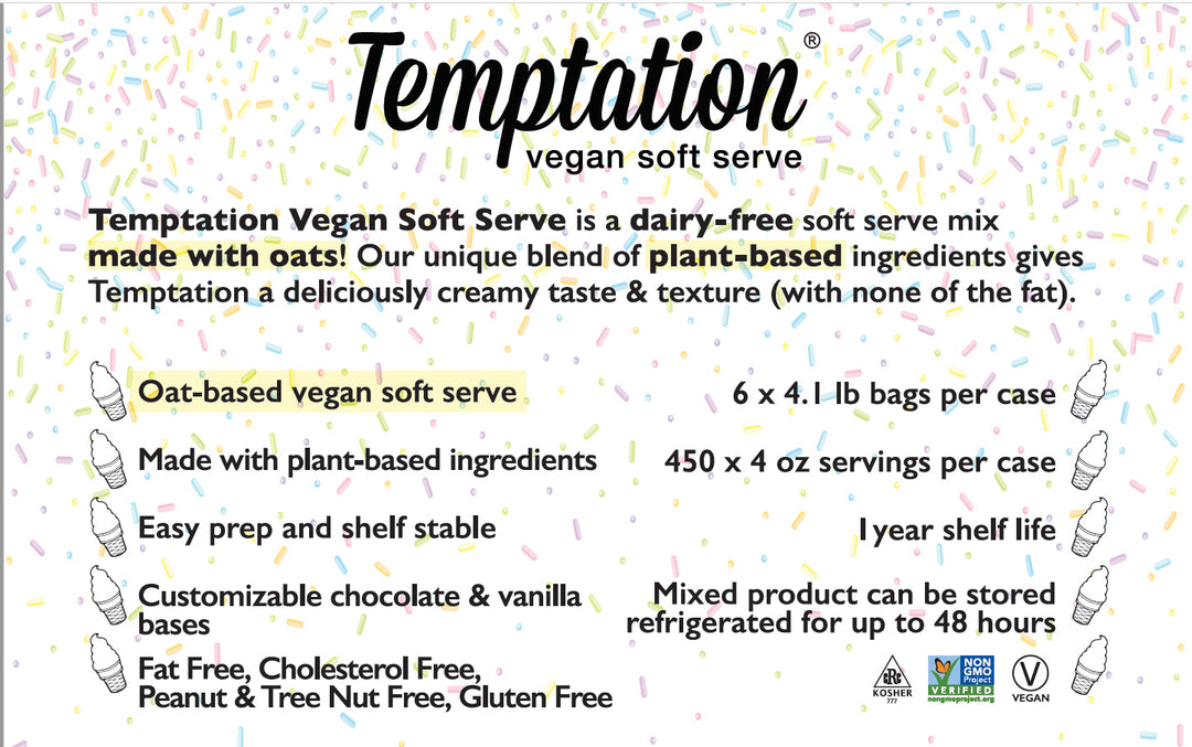Vegan Temptation Oat Soft Serve Mix - Chocolate - (Oat Based)  - 4.08 Lbs Bag - 6 x 4.08lbs bags/Case